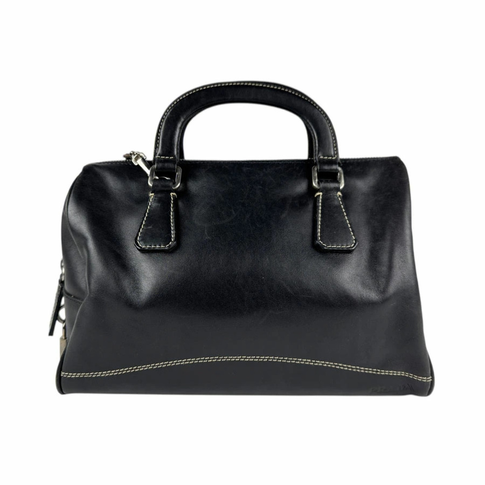 Prada leather Soft Calf Boston handbag white stitching Black